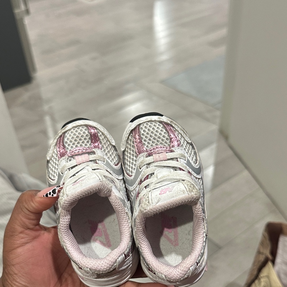 New Balance Kids White and Light Pink Sneakers